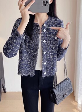 EGG SLY小香风减龄定染花纱桑蚕丝棉羊毛粗花呢流苏针织衫外套女