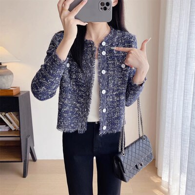 EGG SLY小香风减龄定染花纱桑蚕丝棉羊毛粗花呢流苏针织衫外套女