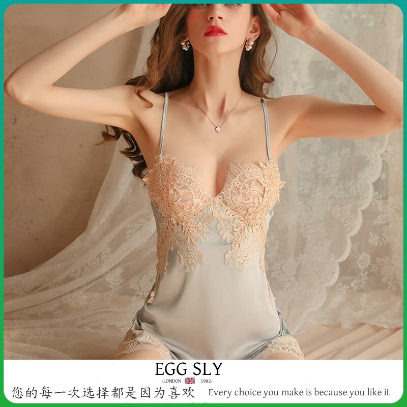EGG SLY性感睡衣女夏季冰丝薄款纯欲风高级感露背绑带吊带睡裙春