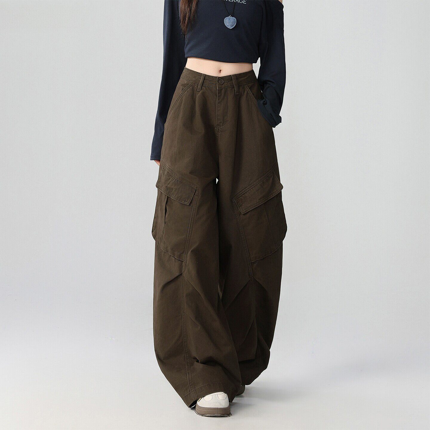 EGG SLY美式棕色工装阔腿牛仔裤女春秋宽松小个子休闲弯刀裤子