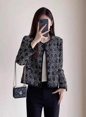 EGG SLY优雅名媛风 有机棉圆领经典箱型黑白藤格纹短款外套女秋