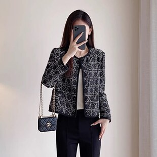 箱型黑白藤格纹短款 有机棉圆领经典 外套女秋 SLY优雅名媛风 EGG