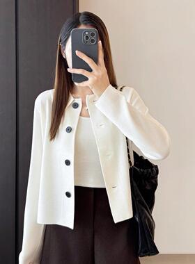 EGG SLY西班牙进口巴素兰羊毛POLO领纯手工拼缝针织开衫外套女秋