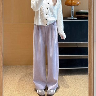 女 定纺雪尼尔高腰显瘦直筒前片双褶竖坑条休闲裤 EGG SLY竹签裤