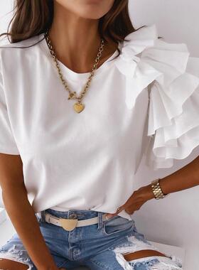 Sleeve Asymmetric Loose T-shirt Top for Summer Women Blouses