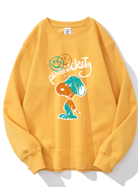 姜黄色卡通史努比印花男女同款青少年圆领卫衣宽松休闲秋冬季上衣