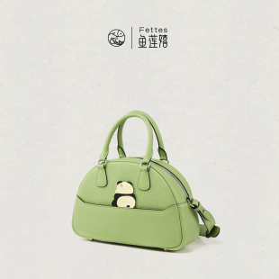 Fettes鱼莲嬉手缝蜡线熊猫保龄球缩摔牛皮单肩斜挎简洁小包
