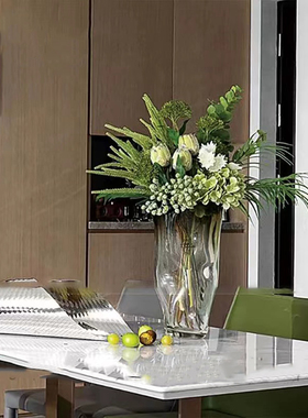 现代绿色真花琉璃花瓶插花样板房会所餐桌前台高档软装装饰摆件