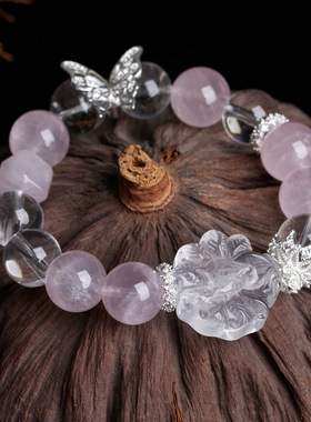 跨境批发天然星光粉白水晶九尾狐蝴蝶手链新中式国风时尚桃粉