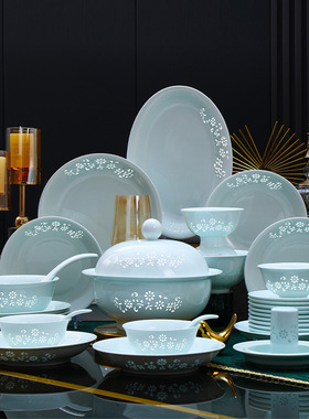 景德镇高白瓷玲珑餐具健康釉下彩碗盘组合餐具碗碟家用送礼乔迁