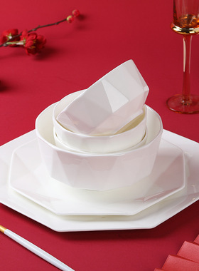 北欧碗碟套装 创意八角轻奢骨瓷餐具套装家用送礼景德镇碗盘组合