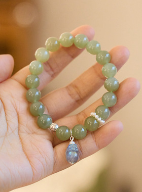 跨境抖音爆款天然10MM晴水和田玉手链女S925银月光石貔貅手串