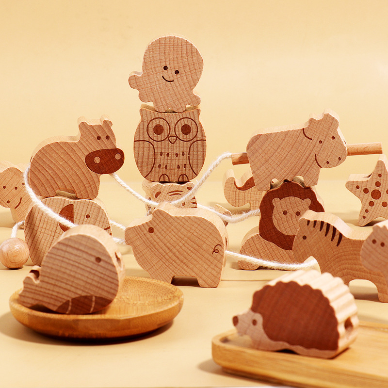 儿童动物串珠榉木木制穿绳宝宝认知早教木质积木穿线玩具