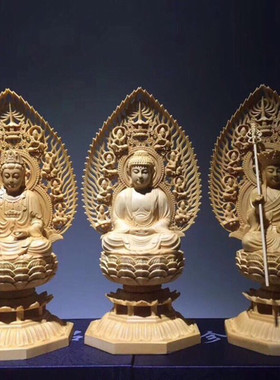 跨境黄杨木佛像家居摆件实木西方三圣随身佛木雕千手观音摆饰