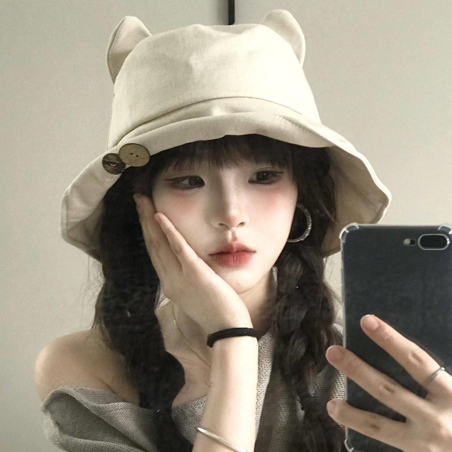 日系猫耳朵双面戴渔夫帽女款夏季百搭显脸小盆帽出游防晒遮阳帽子