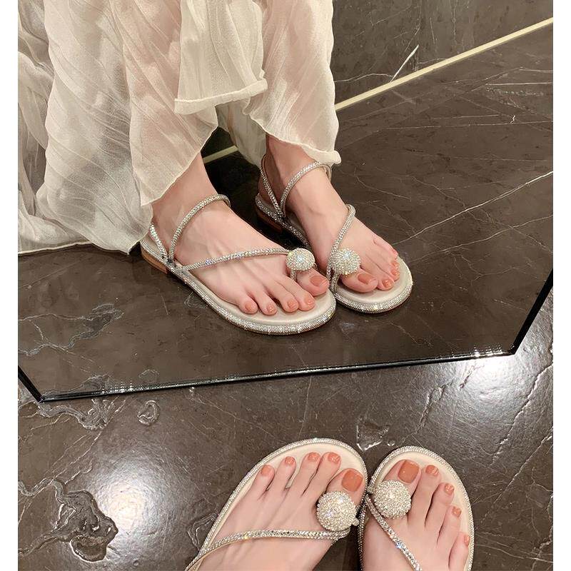 凉鞋女性夏季2025新网红热风格双穿鸽蛋莱茵石皮带趾薄带平底拖鞋