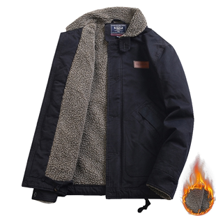 外套中年秋冬季 宽松大码 翻领加绒加厚羊羔绒工装 男士 保暖休闲夹克