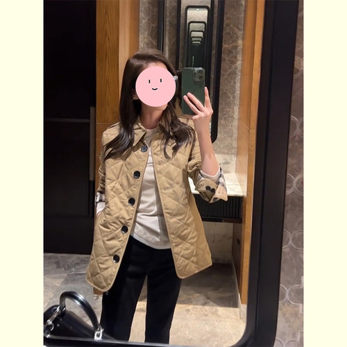 复古卡其色菱格轻薄保暖夹棉外套