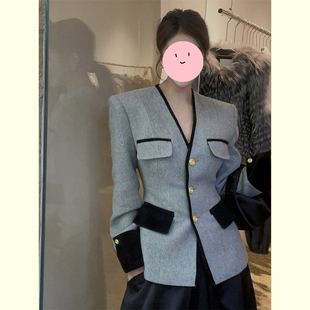 高級感撞色修身 氣質(zhì)輕奢單排扣小香風上衣 外套女秋冬新款 毛呢西裝