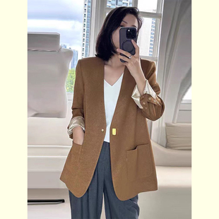 高级感时尚 新款 休闲西服上衣 外套女2025年春季 复古卡其色V领西装