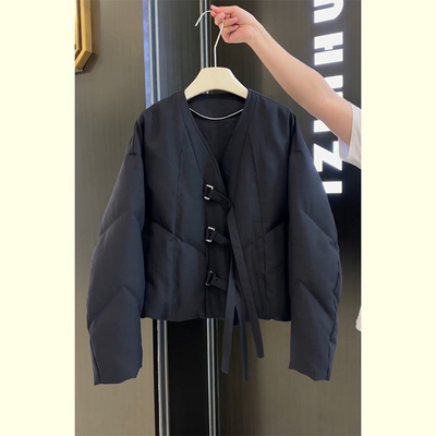 欧货洋气黑色V领羽绒棉外套女