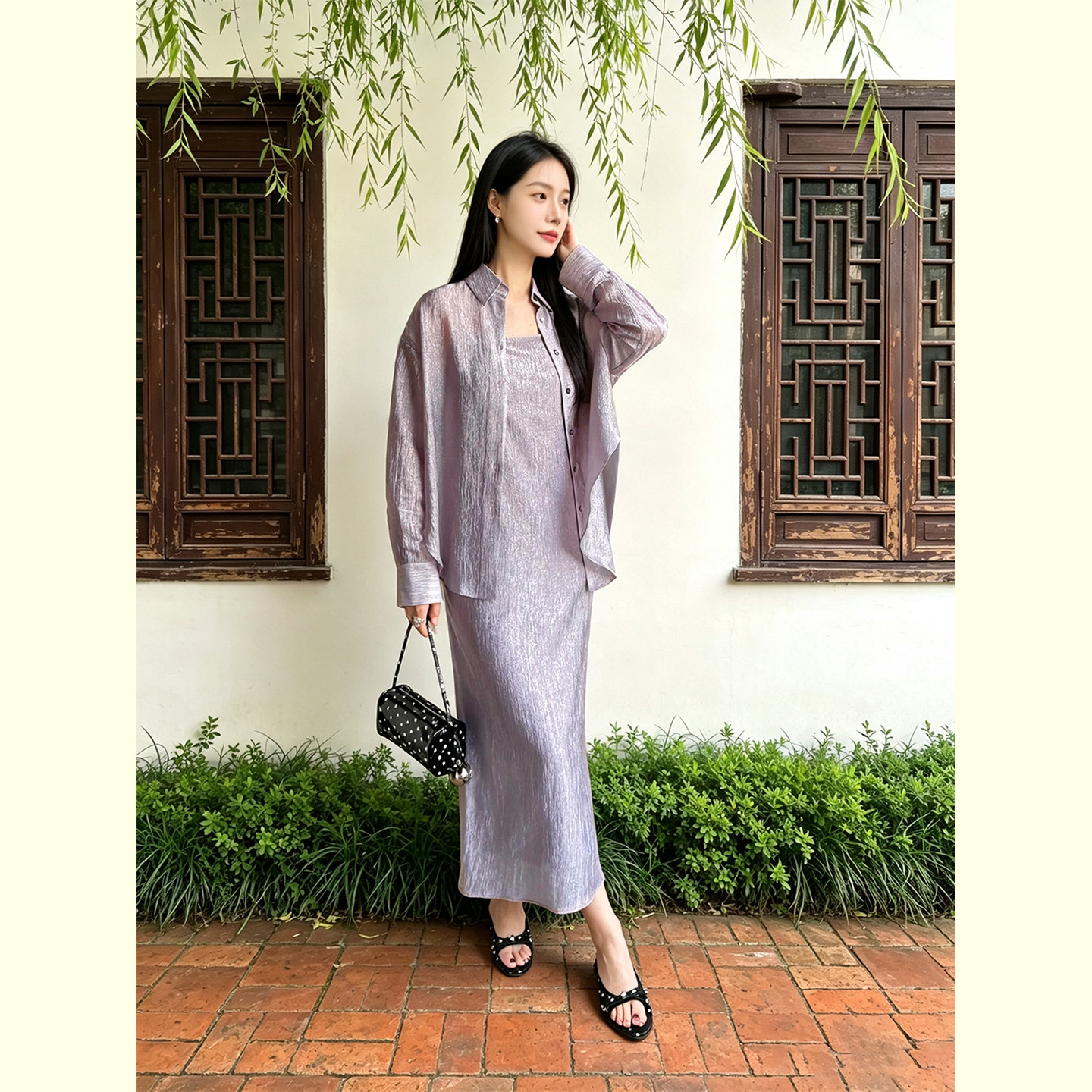 小个子长款吊带连衣裙两件套女夏新款肌理感宽松防嗮衬衫长裙套装