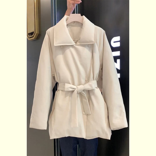 系带收腰中长款翻领羽绒棉外套女