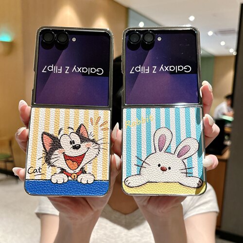 创意条纹猫咪兔子适用于三星zFlip7手机壳折叠GalaxyZFlip6/5/4少女W26/W25/W24Flip/小众个性翻盖防摔保护套