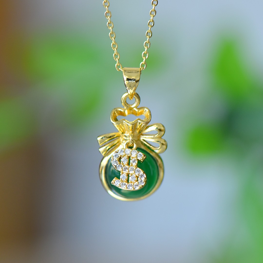 古法鎏金镶嵌天然冰种帝王绿玉髓福袋吊坠玛瑙项链配证书礼盒链子