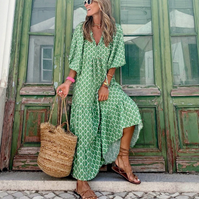 Geometric printed bubble sleeved dress几何印花泡泡袖连衣裙