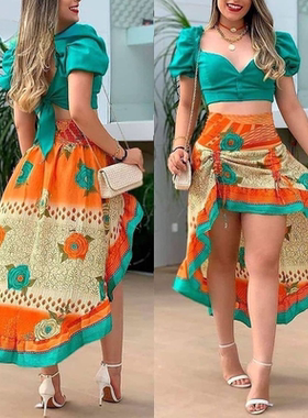 Suit printed puffy sleeve jacket suit西装蓬松袖短上衣套装