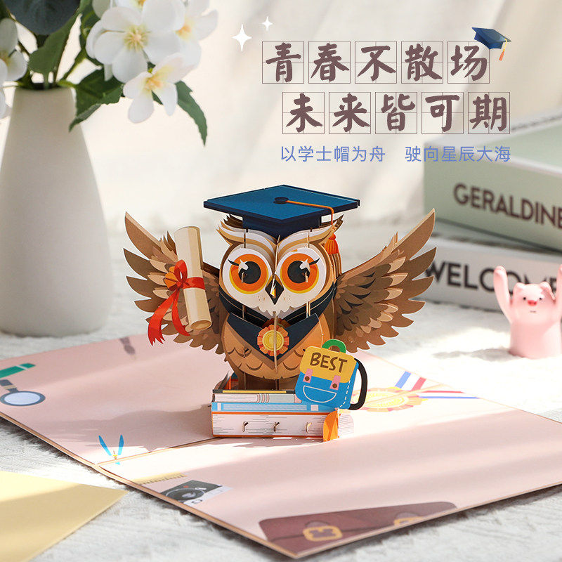 新款毕业季猫头鹰立体贺卡送同学