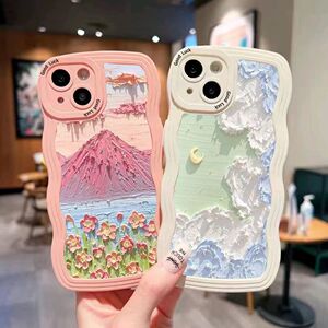 油画火山适用iPhone15pro手机壳苹果13promax新款iphone14全包11pro卡通12波浪mini实色8p网红女xs个性xr防摔