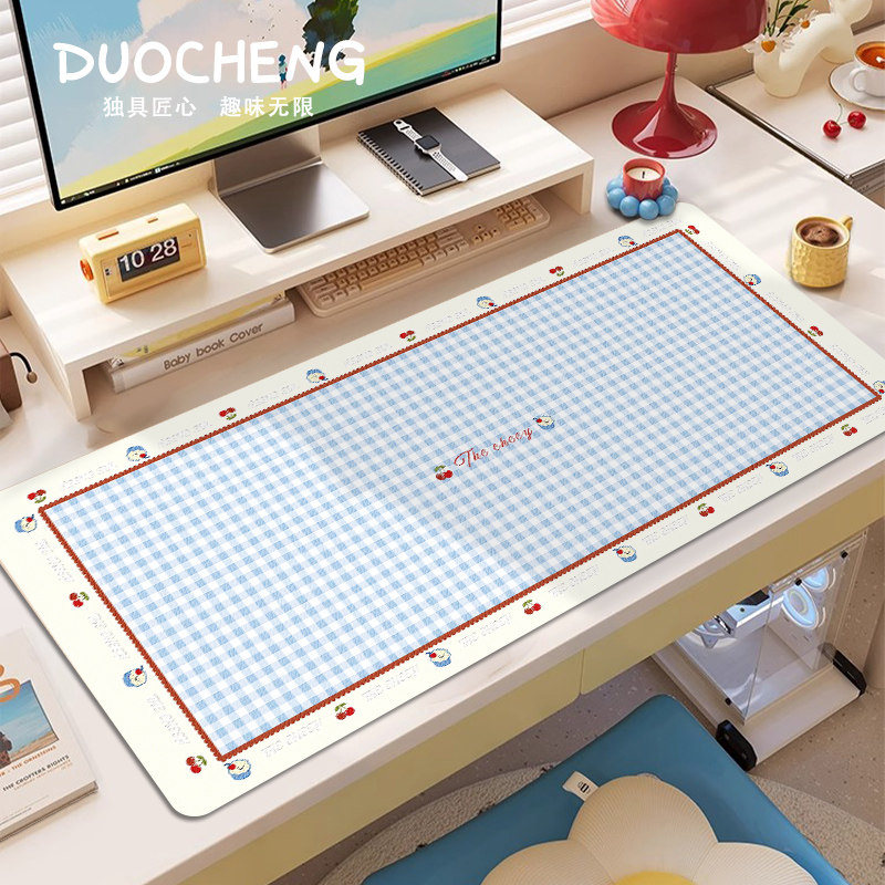 清新甜美格子鼠标垫防水女生高颜值办公室工位电脑键盘垫皮革家用