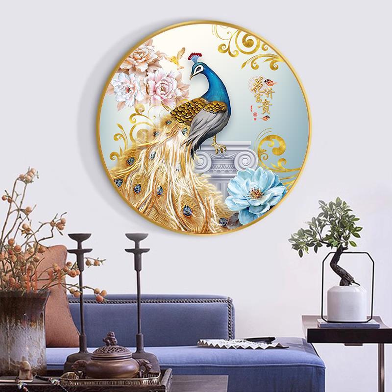 孔雀圆形玄关装饰画现代轻奢挂画客厅欧式高档晶瓷手工镶钻壁入户图片