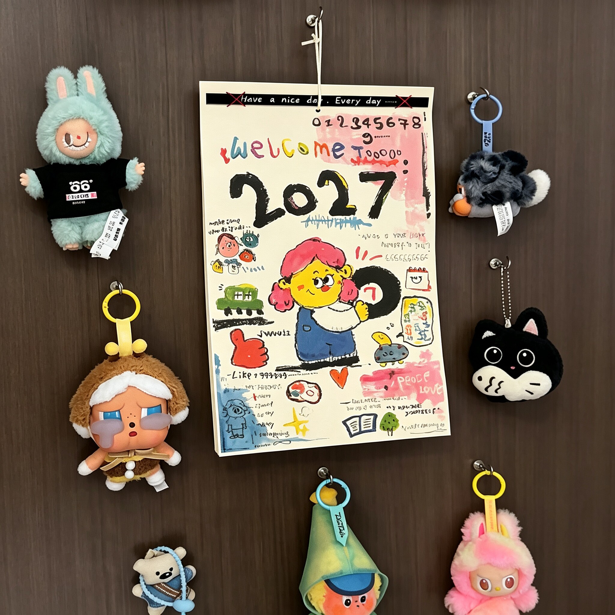 童趣手绘涂鸦小女孩挂历2027年挂墙日历客厅房间现代装饰画送朋友