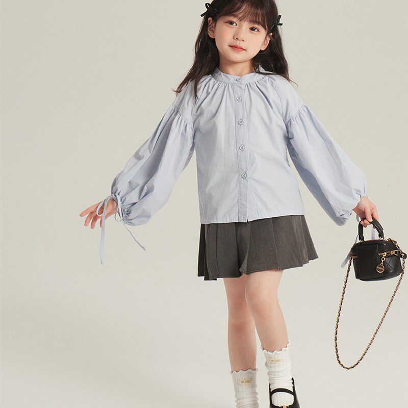 女童日系褶皱灯笼袖系带衬衫女宝宝学院风气质百搭长袖衬衣上衣春