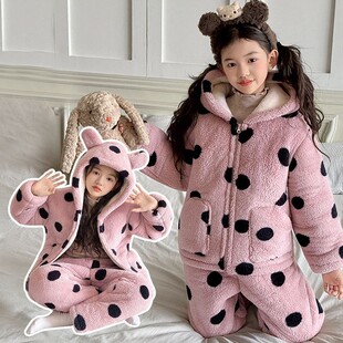 儿童冬季三层夹绒加厚睡衣女童男童特厚加绒保暖法兰绒家居服套装
