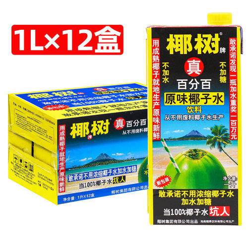 正宗椰树牌椰子水真100%纯1L*2盒海南特产椰汁水椰奶果汁饮