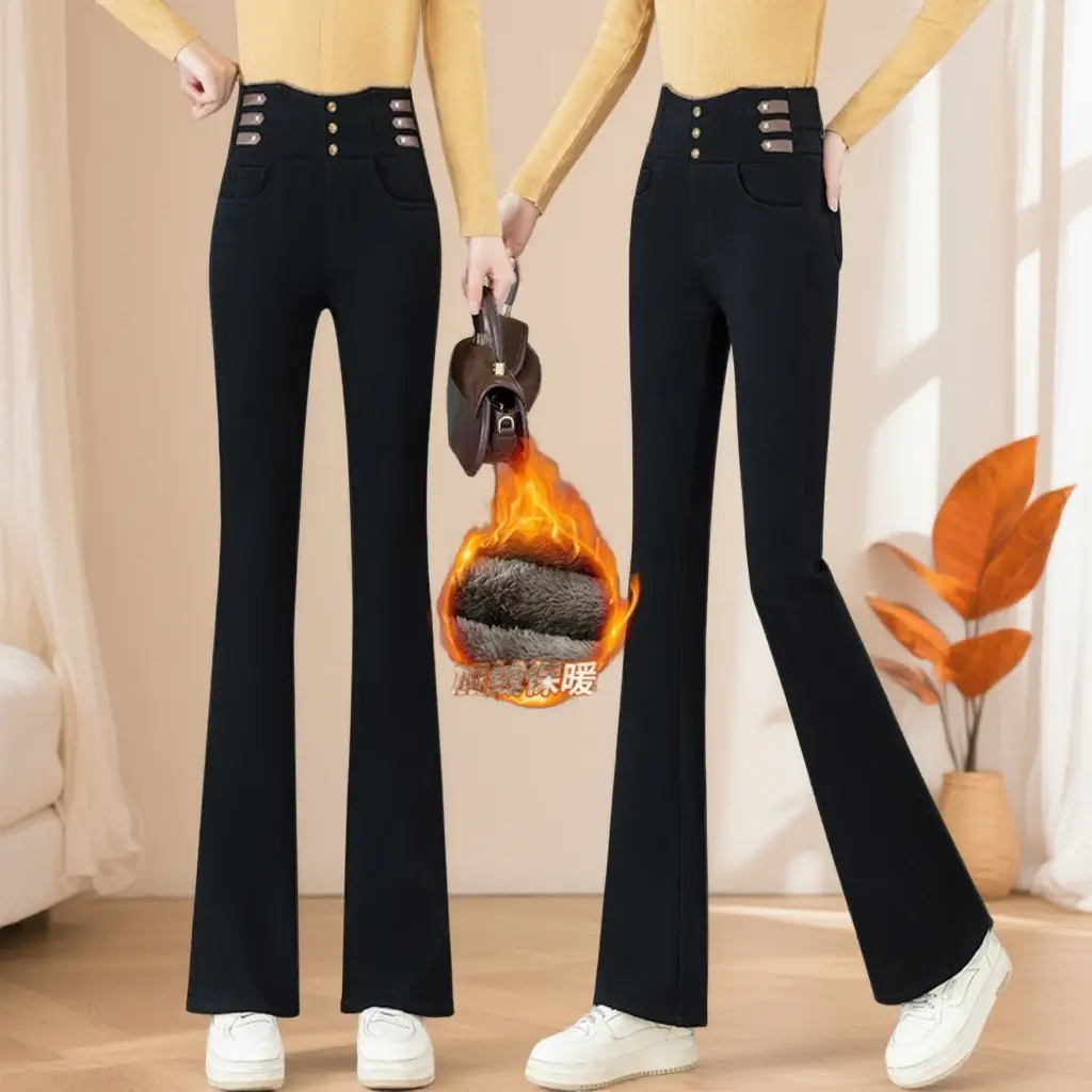 美悦女装冬季松紧腰微喇裤羊羔绒加厚加绒女小个子喇叭弹力牛仔裤