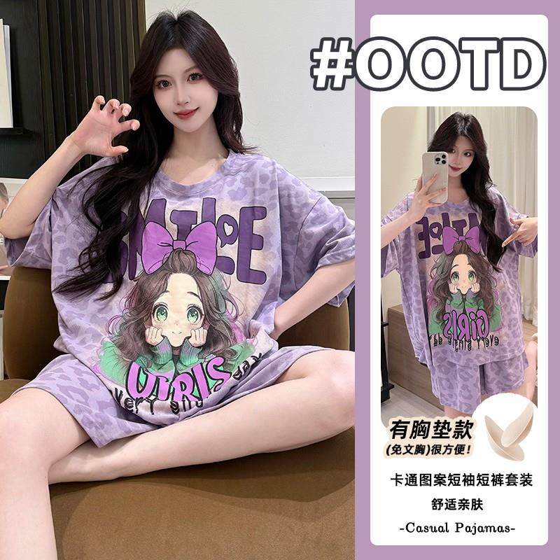 大麦睡衣供应链100%短袖短裤带胸垫甜美风短袖短裤睡衣家居服套装