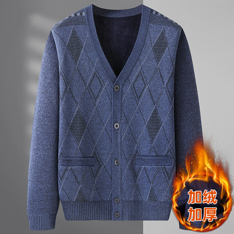 冬季中老年加绒加厚针织男士开衫爸爸装毛衣商务休闲外套宽松