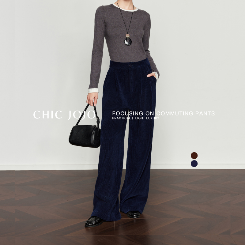 复古藏青宽松灯芯绒休闲裤