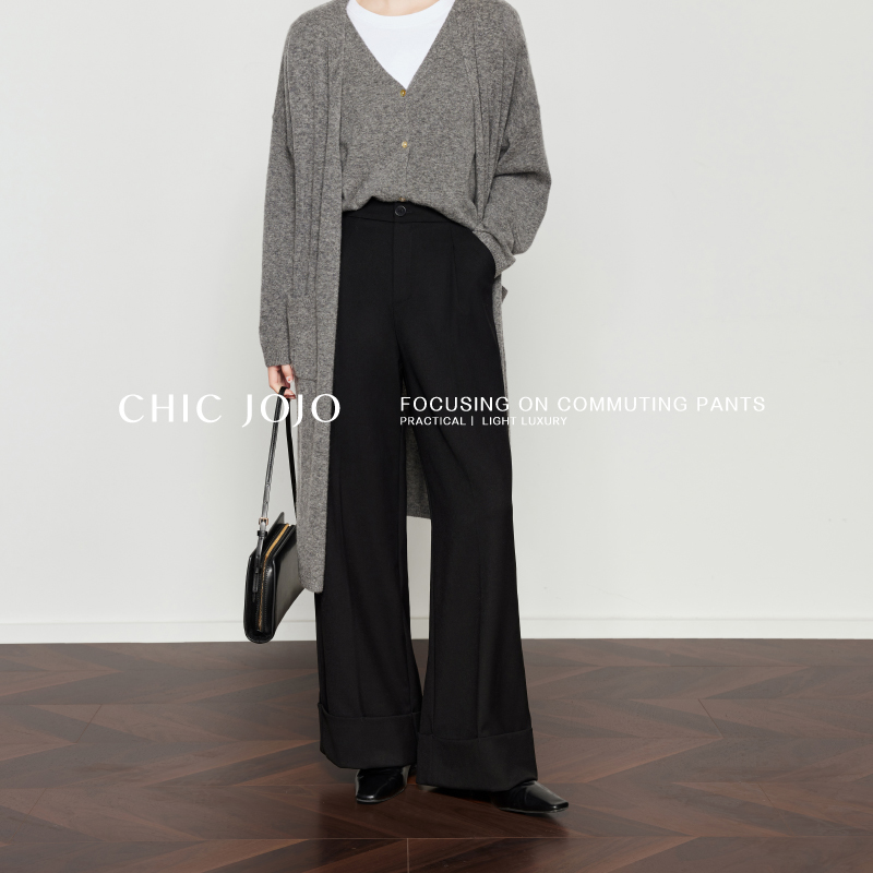 CHICJOJO黑色卷边阔腿休闲裤