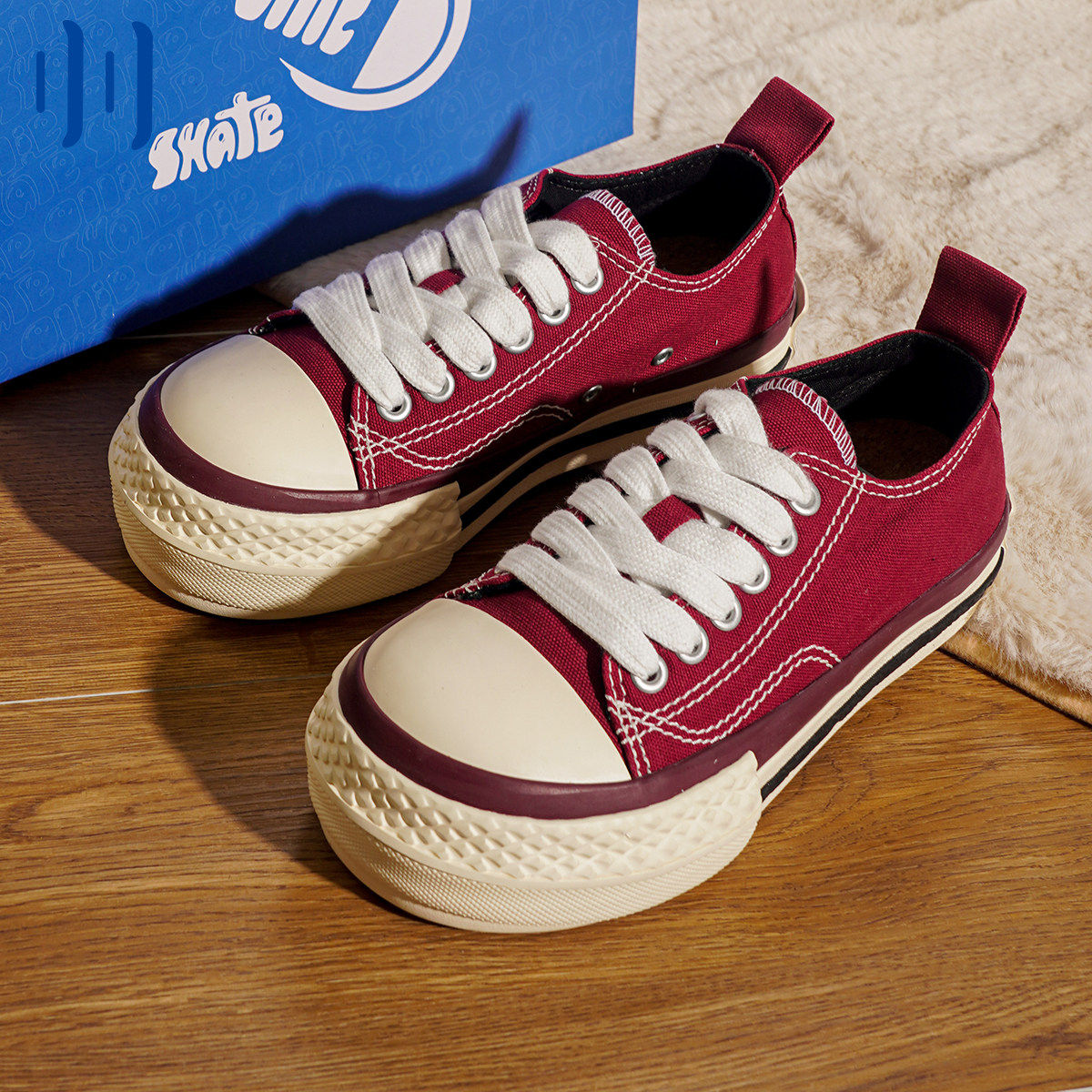 顽刻官方大头鞋酒红色胖丁圆头帆布复古BAKE男女国潮滑板鞋