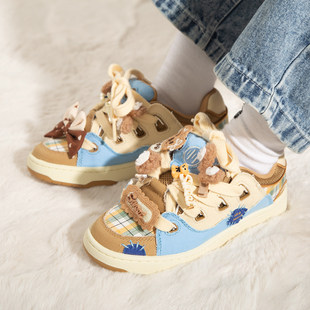顽刻官方面包鞋 校园风小熊配色米蓝棕全帆布BAKE男女滑板鞋