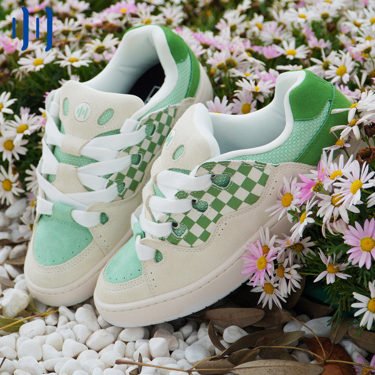 顽刻官方冷粘面包鞋白绿撞色拼接棋盘格BAKE男女国潮滑板鞋