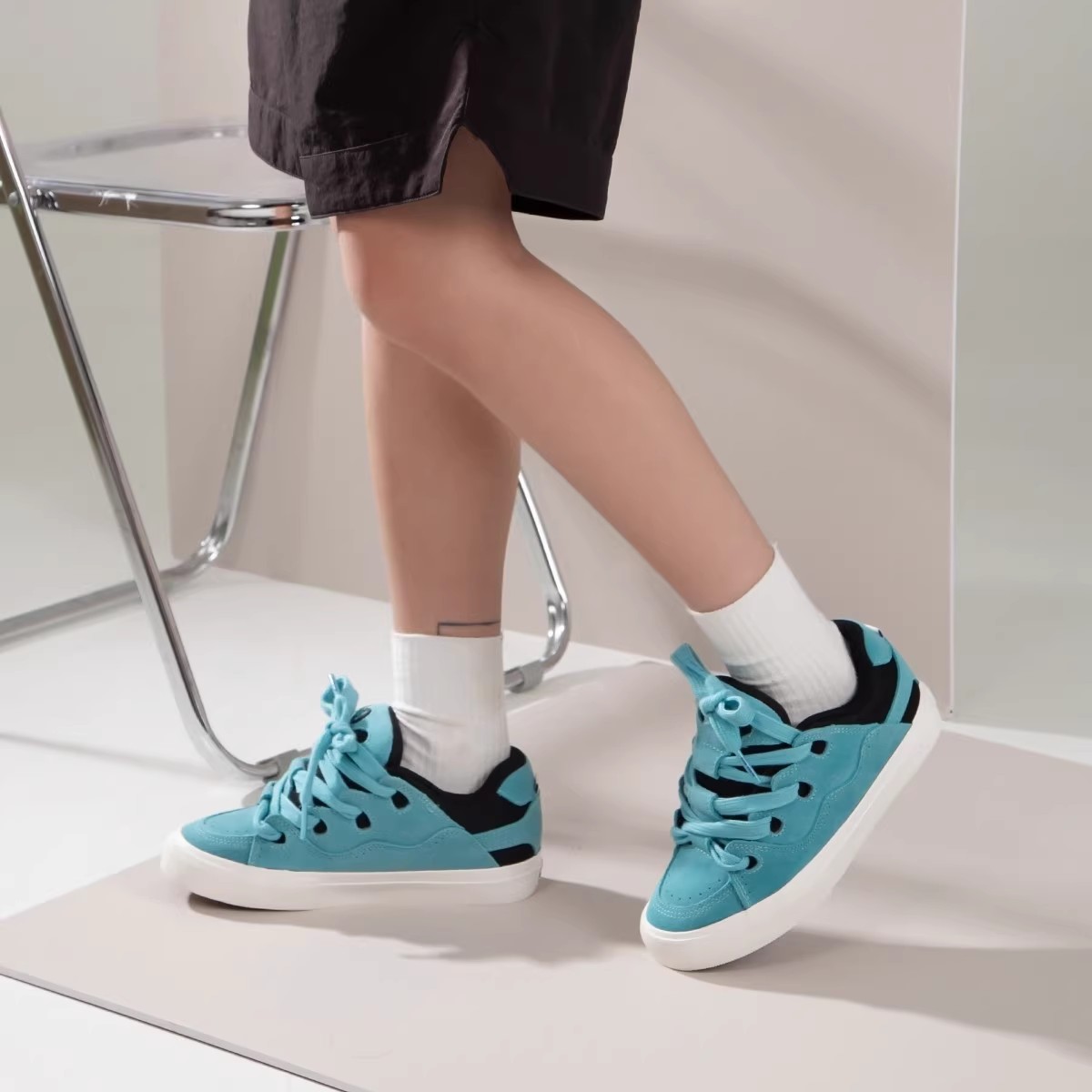 顽刻官方面包鞋湖水蓝黑撞色翻毛皮复古BAKE秋冬男女国潮滑板鞋