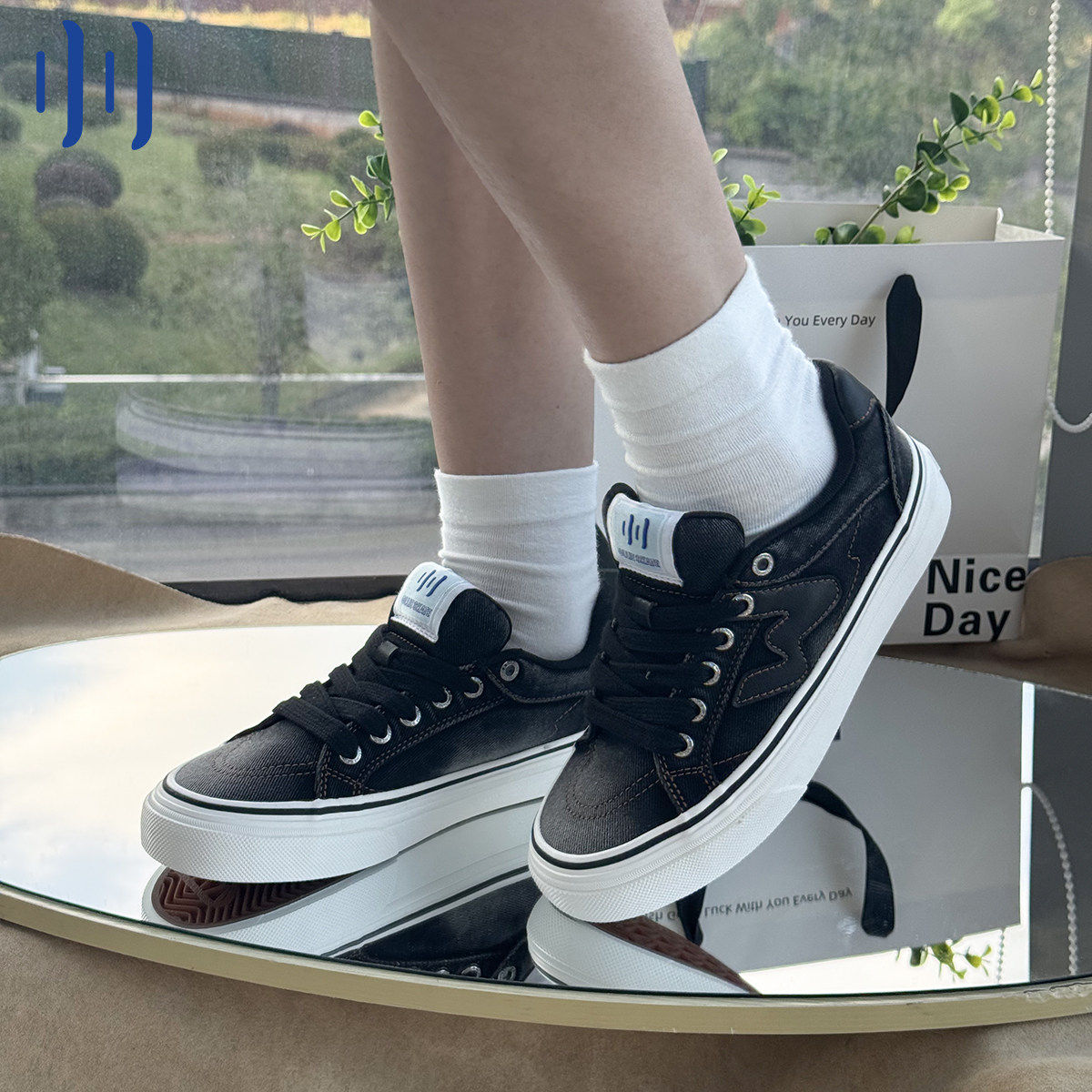 顽刻官方水洗黑色秋季校园风W系列休闲低帮男女国潮滑板鞋