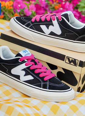 顽刻官方经典黑白春季校园风W系列翻毛皮帆布拼接男女国潮滑板鞋